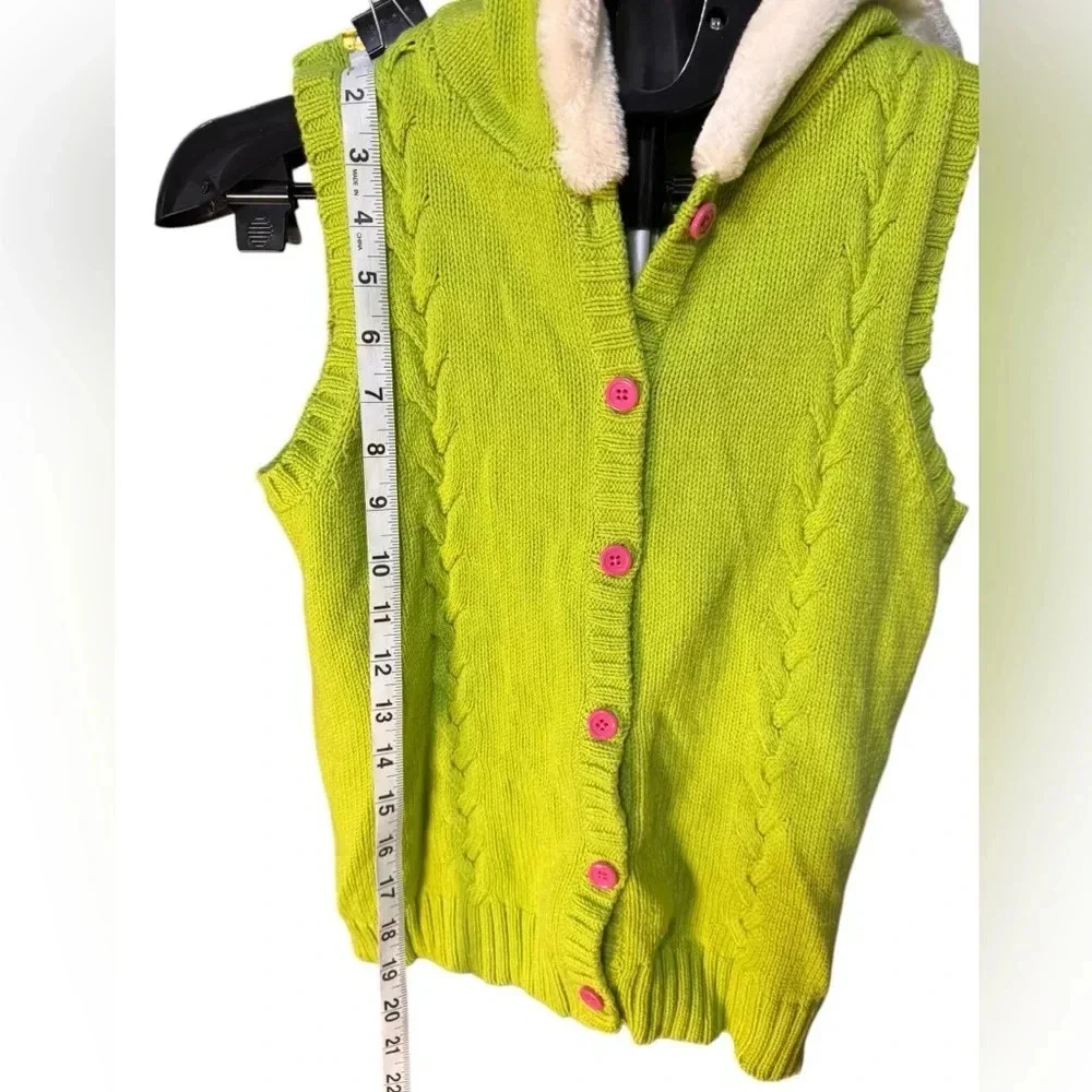 Gymboree Girl vest lime green with pink buttons and fuzzy trim hood k142